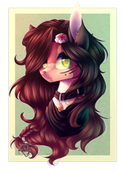 Size: 2094x2864 | Tagged: safe, artist:prettyshinegp, imported from derpibooru, oc, oc only, earth pony, pony, bedroom eyes, bust, collar, ear piercing, earring, earth pony oc, female, flower, flower in hair, jewelry, mare, piercing, simple background, smiling, solo, transparent background