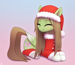 Size: 2000x1750 | Tagged: safe, artist:luminousdazzle, imported from derpibooru, oc, oc only, oc:lumi, pegasus, pony, christmas, clothes, eyes closed, female, freckles, gradient background, hat, holiday, lying down, mare, pegasus oc, prone, santa hat, smiling, solo