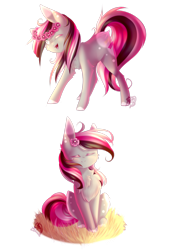 Size: 2049x2927 | Tagged: safe, artist:prettyshinegp, imported from derpibooru, oc, oc only, oc:abigail, earth pony, pony, chest fluff, duo, earth pony oc, female, floral head wreath, flower, mare, one eye closed, simple background, smiling, transparent background, wink