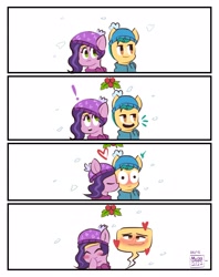 Size: 1628x2059 | Tagged: safe, artist:aceslingerexo, imported from derpibooru, hitch trailblazer, pipp petals, earth pony, pegasus, pony, adorapipp, blush sticker, blushing, cap, cheek kiss, christmas, comic, cute, duo, duo male and female, emanata, exclamation point, eyes closed, female, g5, hat, hitchbetes, hitchpipp, holiday, holly, holly mistaken for mistletoe, kissing, laughing, male, mare, shipping, simple background, smiling, stallion, straight, surprise kiss, white background