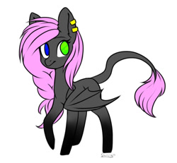 Size: 1200x1108 | Tagged: safe, artist:prettyshinegp, imported from derpibooru, oc, oc only, bat pony, pony, bat pony oc, ear piercing, earring, female, heterochromia, jewelry, mare, piercing, raised hoof, simple background, solo, white background