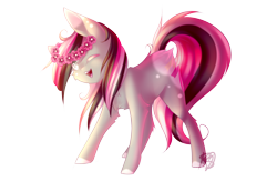 Size: 2800x1831 | Tagged: safe, artist:prettyshinegp, imported from derpibooru, oc, oc only, oc:abigail, earth pony, pony, chest fluff, earth pony oc, female, floral head wreath, flower, mare, one eye closed, simple background, smiling, solo, transparent background, wink