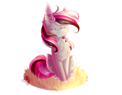 Size: 2800x2169 | Tagged: safe, artist:prettyshinegp, imported from derpibooru, oc, oc only, oc:abigail, earth pony, pony, chest fluff, earth pony oc, eyes closed, female, flower, flower in hair, grass, mare, simple background, smiling, solo, transparent background