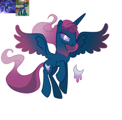 Size: 1805x1776 | Tagged: safe, artist:lanternik, imported from derpibooru, pharynx, princess luna, oc, alicorn, changepony, pony, alicorn oc, ethereal mane, female, horn, interspecies offspring, mare, offspring, parent:pharynx, parent:princess luna, parents:lunarynx, screencap reference, simple background, smiling, spread wings, starry mane, transparent background, wings