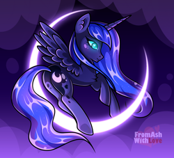 Size: 2200x2000 | Tagged: safe, artist:loverashley, imported from derpibooru, princess luna, alicorn, pony, crescent moon, ear fluff, female, glowing, glowing eyes, mare, moon, smiling, solo, tangible heavenly object, transparent moon