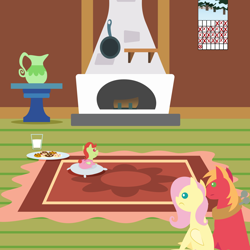 Size: 2160x2160 | Tagged: safe, anonymous artist, imported from derpibooru, big macintosh, fluttershy, oc, oc:late riser, earth pony, pegasus, pony, series:fm holidays, series:hearth's warming advent calendar 2022, advent calendar, baby, baby pony, big macintosh's yoke, calendar, christmas, clothes, colt, concerned, cookie, drink, family, female, fireplace, fluttermac, fluttershy's cottage, foal, food, footed sleeper, footie pajamas, high res, holiday, horse collar, lineless, lying down, male, mare, milk, offspring, pajamas, parent:big macintosh, parent:fluttershy, parents:fluttermac, pillow, pointy ponies, prone, shipping, sitting, smiling, stallion, straight