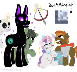 Size: 1000x930 | Tagged: safe, artist:pink-pone, imported from derpibooru, button mash, sweetie belle, earth pony, enderman, enderpony, pony, skeleton pony, undead, unicorn, zombie, zombie pony, don't mine at night, :3, armor, arrow, bone, bow (weapon), bow and arrow, diamond armor, diamond ore, eyes closed, glowing, glowing horn, gritted teeth, horn, magic, magic aura, minecraft, mouth hold, pickaxe, ponified, simple background, skeleton, sword, teeth, telekinesis, weapon, white background