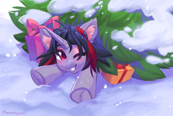 Size: 1202x806 | Tagged: safe, artist:margony, imported from derpibooru, oc, oc only, pony, unicorn, ear fluff, female, horn, looking at you, lying down, mare, one eye closed, present, prone, smiling, snow, solo, tree, unicorn oc, winter