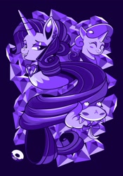 Size: 2867x4096 | Tagged: safe, artist:poxy_boxy, imported from derpibooru, opalescence, rarity, sweetie belle, cat, pony, unicorn, black background, blush sticker, blushing, eyes closed, female, filly, fire ruby, foal, gem, mare, monochrome, purplescale, ruby, simple background, smiling