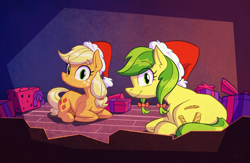 Size: 3315x2162 | Tagged: safe, artist:anontheanon, apple fritter, applejack, earth pony, pony, apple family member, bow, christmas, female, hat, holiday, looking at you, mare, present, santa hat, smiling at you