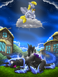 Size: 854x1136 | Tagged: safe, artist:kitsuneyoukai, imported from derpibooru, derpy hooves, nightmare moon, alicorn, pegasus, pony, cloud, duo, electrocution, food, muffin, on a cloud, swirly eyes, tongue out