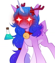 Size: 1303x1507 | Tagged: safe, artist:buvanybu, imported from derpibooru, izzy moonbow, deer, reindeer, unicorn, :3, bandaid, bandaid on nose, evil, evil grin, evil smirk, female, g5, glowing, glowing eyes, grin, potion, reindeerified, simple background, smiling, solo, species swap, white background
