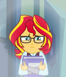 Size: 4944x5760 | Tagged: safe, artist:emeraldblast63, artist:rosemile mulberry, artist:xan-gelx, imported from derpibooru, sunset shimmer, human, comic:the tale of two sunsets, equestria girls, book, clothes, crystal prep academy uniform, female, glasses, human sunset, school uniform, solo