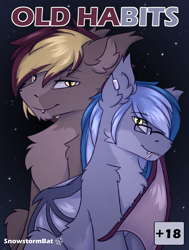 Size: 2500x3300 | Tagged: safe, artist:snowstormbat, imported from derpibooru, part of a set, oc, oc only, oc:arden heatwave, oc:midnight snowstorm, bat pony, comic:old habits, brothers, candy, ear piercing, earring, explicit source, fangs, fluffy, food, glasses, hug, jewelry, lollipop, male, piercing, siblings, smiling, stallion