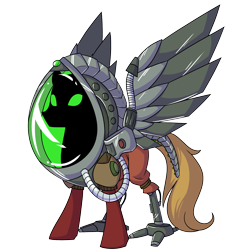 Size: 2000x2000 | Tagged: safe, artist:floots, imported from derpibooru, oc, oc only, oc:silent spring, cyborg, pegasus, pony, armor, clothes, cyber legs, cybernetic wings, jumpsuit, obscured face, simple background, solo, transparent background, wings