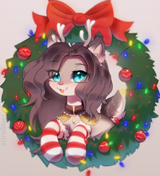 Size: 1280x1412 | Tagged: safe, artist:astralblues, imported from derpibooru, oc, oc only, deer, christmas, christmas wreath, clothes, eye clipping through hair, female, holiday, looking at you, open mouth, ornament, socks, solo, striped socks, wreath