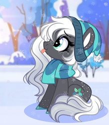 Size: 2324x2648 | Tagged: safe, artist:emberslament, imported from derpibooru, oc, oc only, oc:winter mint, earth pony, pony, beanie, blurry background, butt freckles, catching snowflakes, clothes, earth pony oc, female, freckles, hat, heart, heart eyes, high res, mare, outdoors, profile, scarf, sitting, smiling, snow, snowfall, snowflake, solo, striped scarf, tongue out, wingding eyes, winter, winter outfit