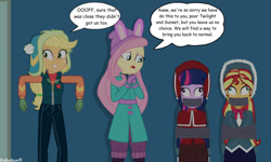 Size: 1154x692 | Tagged: safe, artist:robukun, imported from derpibooru, applejack, fluttershy, sunset shimmer, twilight sparkle, human, undead, zombie, equestria girls, bondage, bound and gagged, christmas, clothes, gag, holiday, long skirt, skirt, tape, tape bondage, tape gag, tied up, victorian, victorian dress, wall eyed, winter outfit