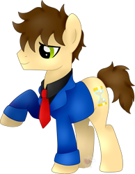 Size: 1787x2298 | Tagged: safe, artist:pure-blue-heart, imported from derpibooru, oc, oc only, earth pony, brown mane, clothes, green eyes, hourglass, male, messy mane, necktie, obtrusive watermark, raised hoof, simple background, stallion, stallion oc, suit, transparent background, watermark