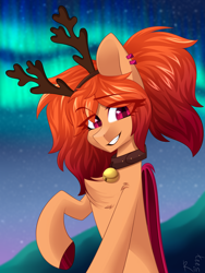 Size: 1500x2000 | Tagged: safe, artist:rinteen, imported from derpibooru, oc, oc only, oc:cinnamon dust, bat pony, deer, aurora borealis, bat pony oc, bell, bell collar, chest fluff, collar, smiling, solo