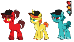 Size: 1280x720 | Tagged: safe, artist:fuckomcfuck, imported from derpibooru, oc, oc:go, oc:stop, oc:wait, earth pony, pegasus, pony, unicorn, cap, green, hat, red, siblings, simple background, traffic light, traffic light triplets, transparent background, trio, triplets, yellow