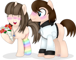 Size: 2604x2076 | Tagged: safe, artist:pure-blue-heart, imported from derpibooru, oc, earth pony, pony, unicorn, blushing, bouquet, bouquet of flowers, brown mane, clothes, commission, couple, earth pony oc, female, flower, hoodie, horn, jewelry, male, mare, necklace, rainbow socks, simple background, socks, stallion, stallion oc, striped socks, transparent background, unicorn oc, watermark