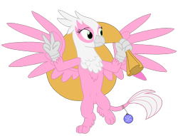 Size: 1024x781 | Tagged: safe, artist:discordant creations, imported from derpibooru, oc, oc only, oc:happy go plucky, griffon, bauble, griffon oc, peace sign, sack, secret santa, simple background, solo, transparent background