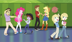 Size: 3600x2114 | Tagged: safe, artist:sapphiregamgee, imported from derpibooru, applejack, pinkie pie, human, equestria girls, equestria girls series, canterlot high, cody martin, crossover, dice corleone, equestria girls-ified, freddie benson, gibby gibson, hallway, hanging out, the suite life of zack and cody, zack martin