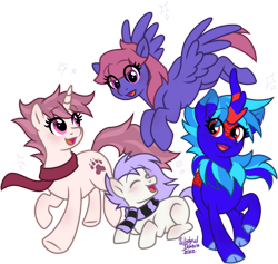 Size: 1377x1305 | Tagged: safe, artist:wishfuldorian, imported from derpibooru, oc, oc only, oc:fluffy shadow, oc:mockery, oc:trixie cutiepox, oc:white squirrel, earth pony, kirin, pegasus, pony, unicorn, blue fur, blue hair, blushing, clothes, cloven hooves, colt, crouching, digital art, earth pony oc, eyes closed, female, flying, foal, group, horn, kirin oc, looking back, male, mane, mare, open mouth, open smile, pegasus oc, pink eyes, pink hair, purple fur, purple hair, red eyes, scarf, simple background, smiling, spread wings, striped scarf, tail, transparent background, two toned mane, two toned tail, unicorn oc, white fur, wings