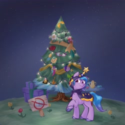 Size: 4096x4096 | Tagged: safe, artist:felldeal, imported from derpibooru, izzy moonbow, pony, unicorn, series:daily drawing december, bracelet, christmas, christmas star, christmas tree, clothes, cup, female, flower, friendship bracelet, g5, holiday, hooded cape, izzy impaling things, jewelry, mare, my little pony: a new generation, present, raised hoof, ribbon, sign, smiling, sneaksy, table, teacup, teapot, tree