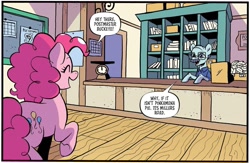 Size: 1149x750 | Tagged: safe, artist:robin easter, idw, imported from derpibooru, pinkie pie, earth pony, pony, spoiler:comic, spoiler:comic99, cash register, dialogue, duo, female, g4, male, mare, post office, postmaster buckeye, scale, season 10, speech bubble, stallion