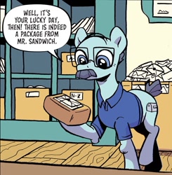 Size: 750x765 | Tagged: safe, artist:robin easter, idw, imported from derpibooru, earth pony, pony, spoiler:comic, spoiler:comic99, dialogue, g4, male, post office, postmaster buckeye, season 10, solo, speech bubble, stallion