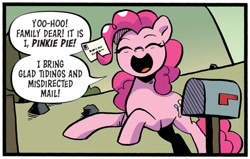 Size: 1176x750 | Tagged: safe, artist:robin easter, idw, imported from derpibooru, pinkie pie, earth pony, pony, spoiler:comic, spoiler:comic99, cute, dialogue, diapinkes, female, g4, mailbox, mare, season 10, solo, speech bubble