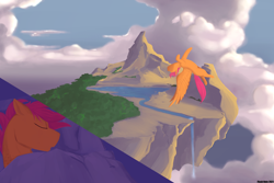 Size: 2000x1333 | Tagged: safe, artist:flashnoteart, imported from derpibooru, scootaloo, pegasus, pony, bed, blanket, cloud, dream, eyes closed, fantasy, floating island, flying, mountain, pillow, scenery, sky, sleeping, solo, water, waterfall