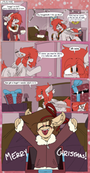 Size: 1799x3430 | Tagged: safe, artist:kirbirb, imported from derpibooru, oc, oc only, oc:scarlett lane, oc:snaggletooth, pegasus, pony, bed, bow, box, chat bubble, chest fluff, christmas, clothes, comic, duo, fireplace, hair bow, hat, holiday, male, pony in a box, present, santa hat, scarf, striped scarf