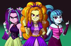 Size: 1024x663 | Tagged: safe, artist:zoe-975, imported from derpibooru, adagio dazzle, aria blaze, sonata dusk, human, equestria girls, rainbow rocks, :p, aviary of middle fingers, bare shoulders, deviantart watermark, evil grin, female, grin, middle finger, obtrusive watermark, one of these things is not like the others, sleeveless, smiling, the dazzlings, tongue out, trio, trio female, vulgar, watermark