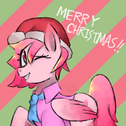 Size: 1280x1280 | Tagged: safe, artist:metaruscarlet, imported from derpibooru, oc, oc only, oc:metaru scarlet, pegasus, pony, christmas, clothes, flower, flower in hair, hat, holiday, merry christmas, one eye closed, pegasus oc, santa hat, smiling, solo, wink