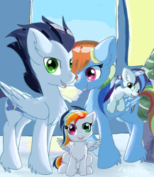 Size: 2073x2386 | Tagged: safe, artist:celedash, imported from derpibooru, rainbow dash, soarin', oc, pegasus, pony, colt, family, female, filly, foal, heterochromia, male, mare, offspring, parent:rainbow dash, parent:soarin', parents:soarindash, romantic, shipping, smiling, soarindash, stallion, straight