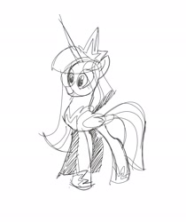 Size: 1724x2048 | Tagged: safe, artist:brdte, imported from derpibooru, twilight sparkle, alicorn, pony, black and white, female, grayscale, mare, monochrome, older, older twilight, princess twilight 2.0, redesign, simple background, sketch, solo, twilight sparkle (alicorn), white background