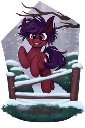 Size: 3000x4500 | Tagged: safe, artist:zahsart, imported from derpibooru, oc, oc only, oc:mony caalot, earth pony, pony, fence, jumping, simple background, snow, snowfall, solo, transparent background, tree, tree branch
