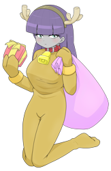 Size: 1668x2565 | Tagged: safe, alternate version, artist:batipin, imported from derpibooru, maud pie, human, equestria girls, antlers, bell, bell collar, bodysuit, breasts, busty maud pie, christmas, clothes, collar, costume, female, footed sleeper, gloves, holiday, present, reindeer antlers, simple background, solo, transparent background