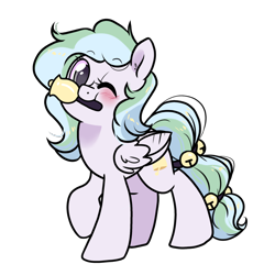 Size: 1300x1300 | Tagged: safe, artist:paperbagpony, imported from derpibooru, oc, oc only, oc:river chime, pegasus, derpibooru community collaboration, 2023 community collab, bell, one eye closed, pegasus oc, simple background, solo, transparent background, wink