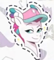 Size: 307x343 | Tagged: safe, imported from derpibooru, zipp storm, pegasus, pony, abstract background, cap, cropped, female, g5, gameloft, hat, mare, my little pony: mane merge, official, smiling, solo, sparkles, sticker, upscaled, wings