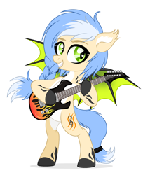 Size: 2725x3340 | Tagged: safe, artist:dianamur, artist:rioshi, artist:starshade, imported from derpibooru, oc, oc only, oc:reka wave, bat pony, pony, 2022, base used, bat pony oc, bat wings, blue hair, cute, electric guitar, fangs, female, green eyes, guitar, mare, musical instrument, simple background, smiling, solo, white background, wings