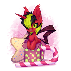 Size: 2003x2003 | Tagged: safe, artist:squirrel, imported from derpibooru, oc, oc only, oc:pynoka, pony, unicorn, 2022, black sclera, bow, candy, christmas, commission, cookie, fangs, food, happy new year, holiday, horn, male, merry christmas, simple background, smiling, solo, stallion, stars, white background