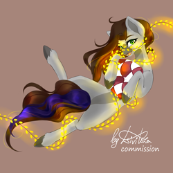 Size: 3900x3900 | Tagged: safe, artist:livitoza, imported from derpibooru, oc, oc only, oc:cj vampire, earth pony, pony, christmas, christmas lights, commission, fanart, floating, holiday, lights, looking at you, pillow, smiling, smiling at you, solo, ych result