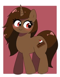 Size: 1722x2191 | Tagged: safe, artist:leo19969525, imported from derpibooru, oc, oc only, oc:squeebot, pony, unicorn, blushing, brown hair, brown mane, cute, hair, horn, mane, ocbetes, red eyes, simple background, smiling, solo, tail