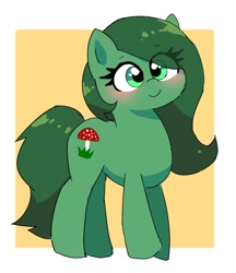 Size: 1482x1713 | Tagged: safe, artist:leo19969525, imported from derpibooru, oc, oc:amanita green, earth pony, pony, blushing, cute, green eyes, green hair, green tail, hair, mane, ocbetes, simple background, smiling, solo, tail