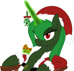 Size: 2200x2118 | Tagged: safe, artist:grypher, imported from derpibooru, oc, oc only, oc:evening "eve" canter, alicorn, pony, fallout equestria, artificial alicorn, belly button, christmas, clothes, cookie, costume, food, green alicorn (fo:e), holiday, magic, mistletoe, open clothes, santa costume, simple background, sitting, solo, transparent background, vector