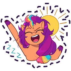 Size: 512x512 | Tagged: safe, imported from derpibooru, sunny starscout, earth pony, pony, bed mane, female, g5, gameloft, mane stripe sunny, mare, messy mane, multicolored hair, my little pony: mane merge, official, onomatopoeia, open mouth, open smile, simple background, smiling, solo, sound effects, sticker, sun, transparent background, yawn, zzz